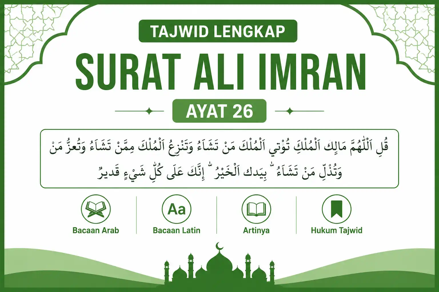 Al Quran Surat Ali Imran Ayat 26 Tajwid Lengkap Arab, Latin, Arti, dan Penjelasannya